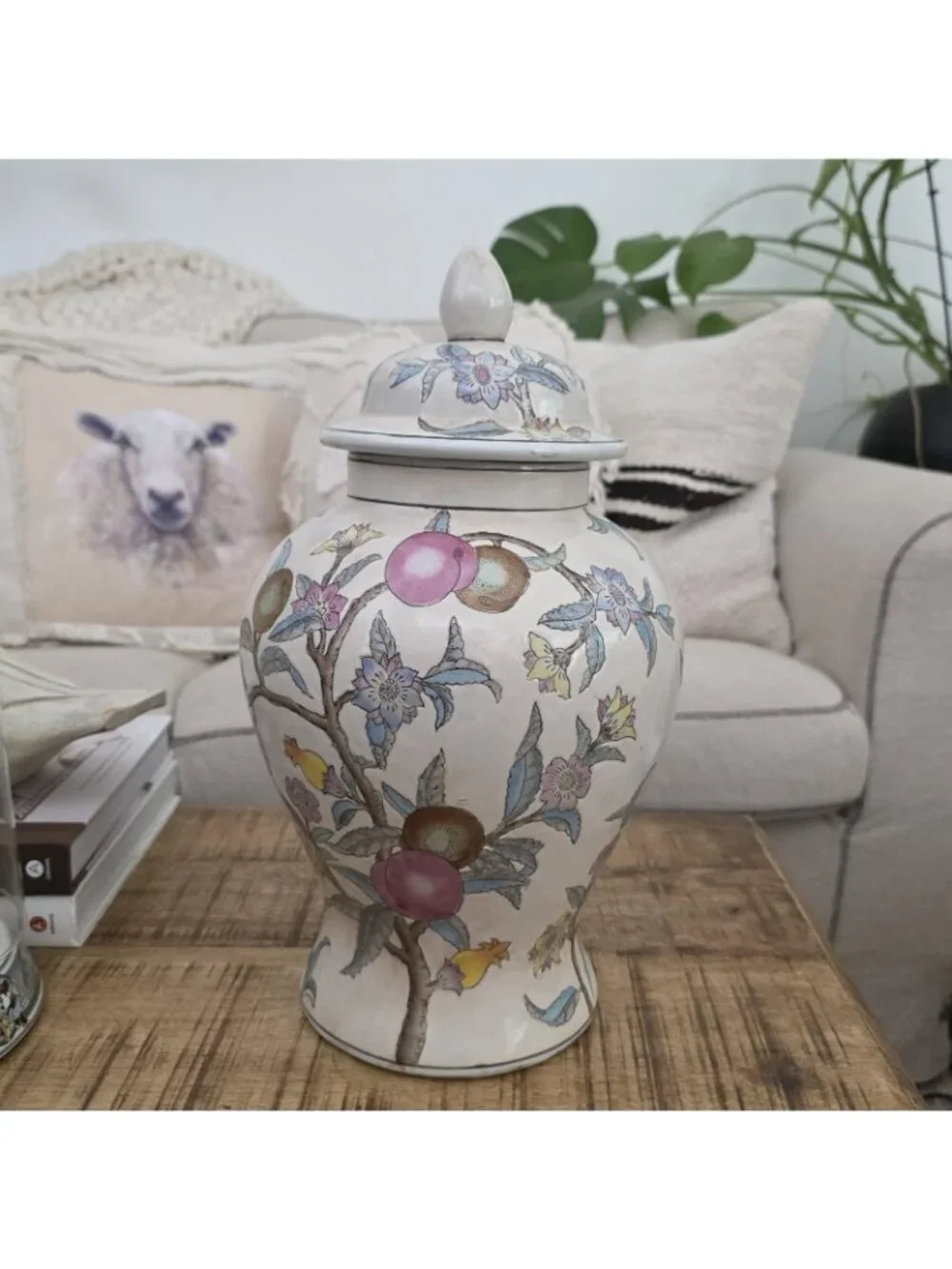 Vintage Chinoiserie Porcelain Ginger Jar Hand Painted Peach Flowers 14.5